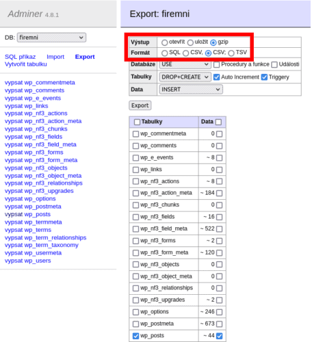 Adminer database export